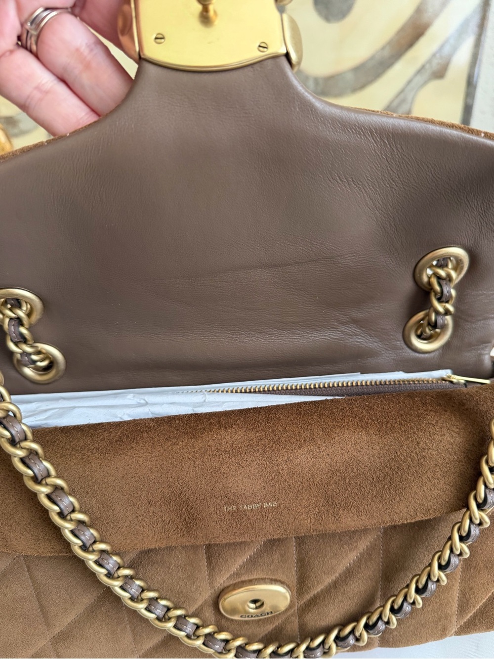 Coach Quilted Tabby 26 Cedar Suede Shoulder Bag with Gold Hardware - Picture 8 of 17